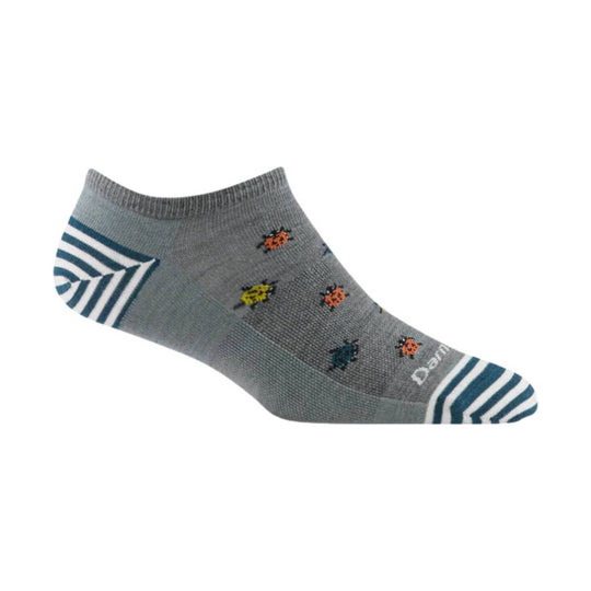 Gray no-show sock with blue-and-white striped toe and heel and small multicolor ladybug pattern