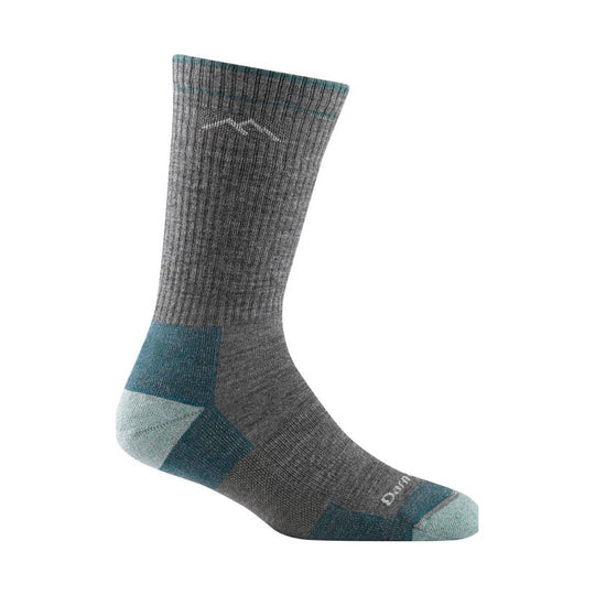 Gray and teal ribbed crew sock with reinforced heel and toe