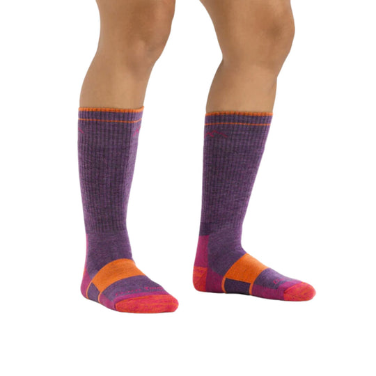 Purple knee-high hiking socks with orange trim and color-blocked toes and heels