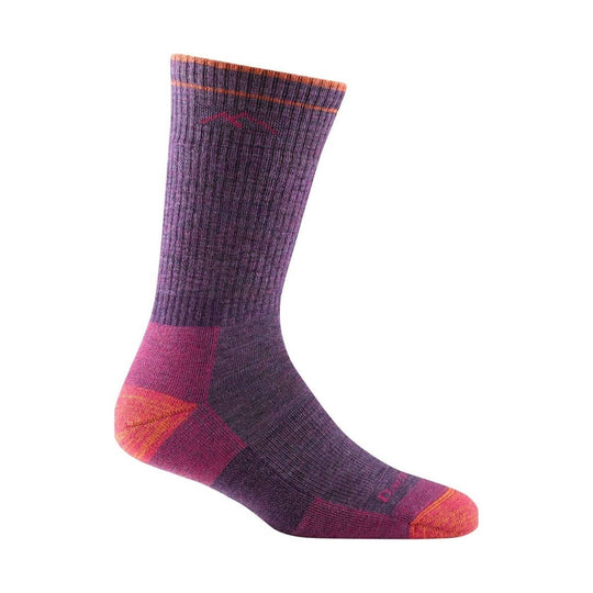 Purple and magenta midweight hiking sock with orange accents and ribbed cuff