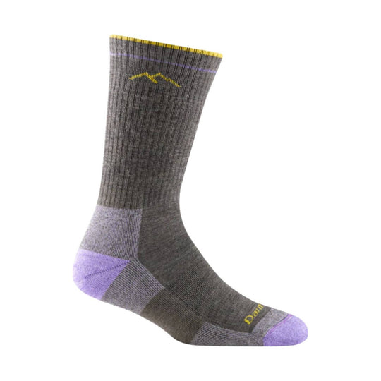 Gray hiking sock with purple heel and toe, yellow trim, and small logo and text.