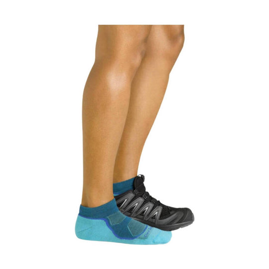 Two ankle no-show socks, one aqua and one black, shown on legs with a low-cut running shoe