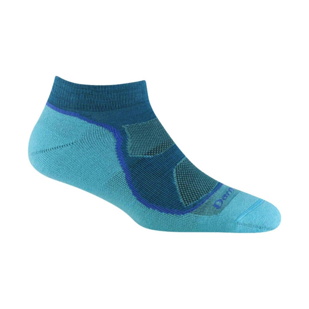 Blue low-cut athletic sock with a ribbed cuff and textured knit panels
