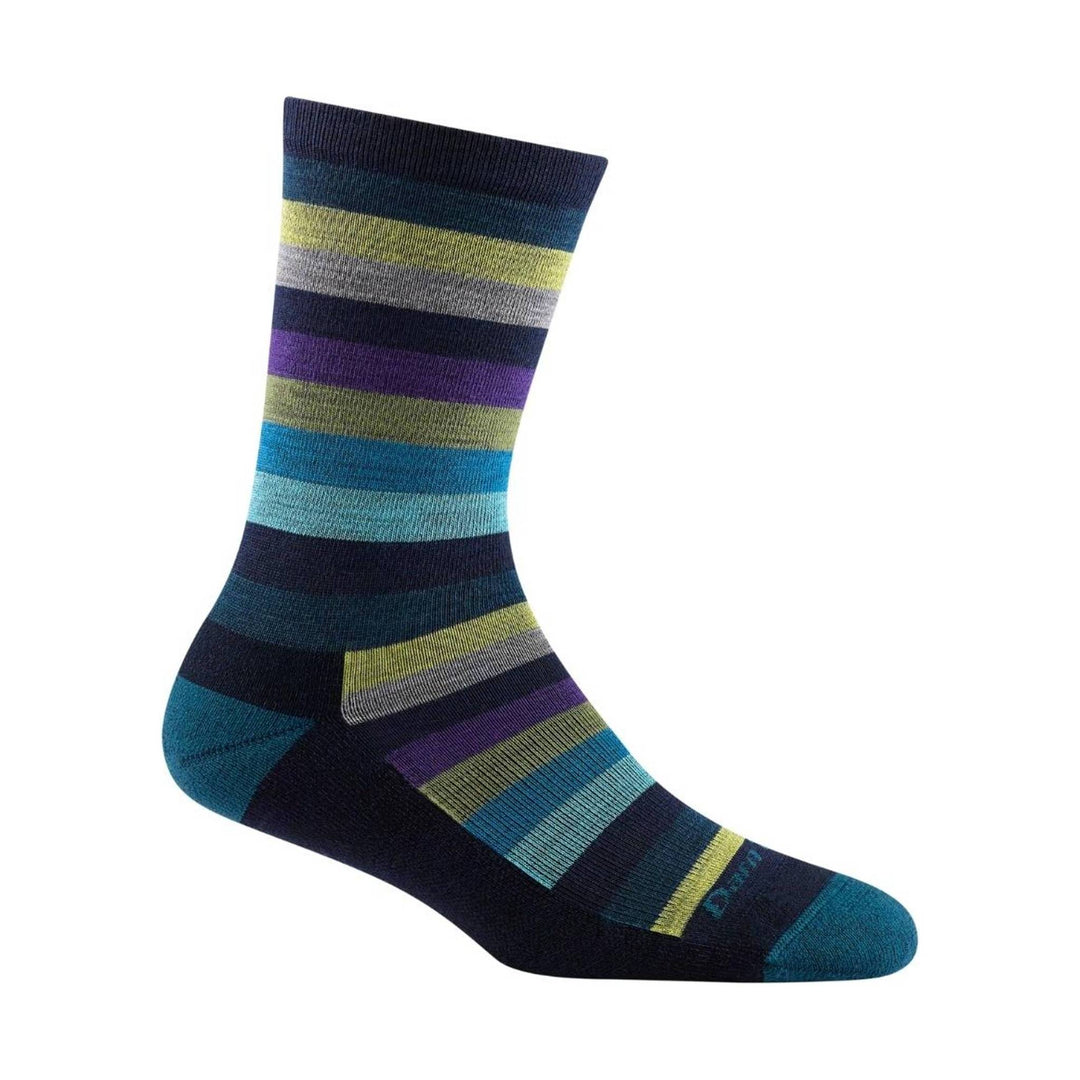 Striped crew sock in navy, teal, purple, gray, and olive with ribbed cuff