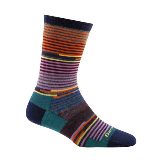 Multicolor striped crew sock with navy toe and cuff, shown in profile