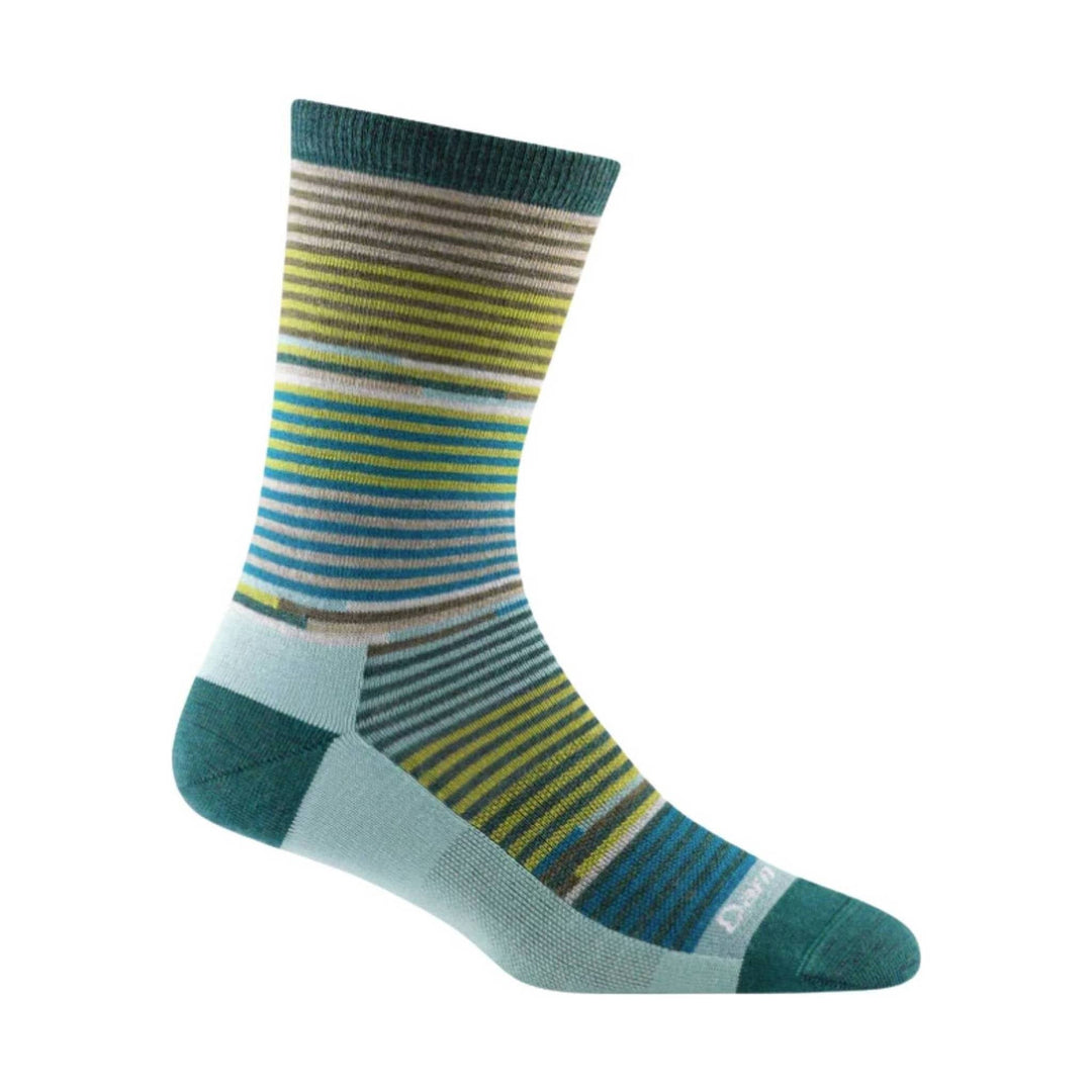 Patterned crew sock in teal, blue, gray, and yellow stripes