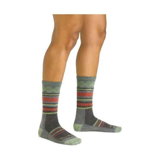Gray knee-high socks with multicolor stripes on a model's legs