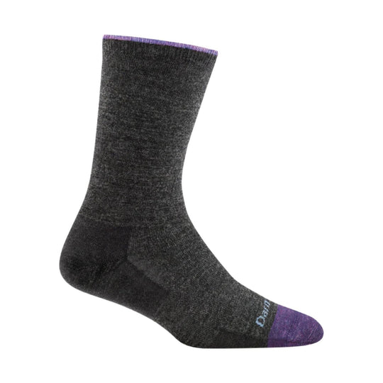 Dark charcoal crew sock with purple toe and cuff, shown in profile