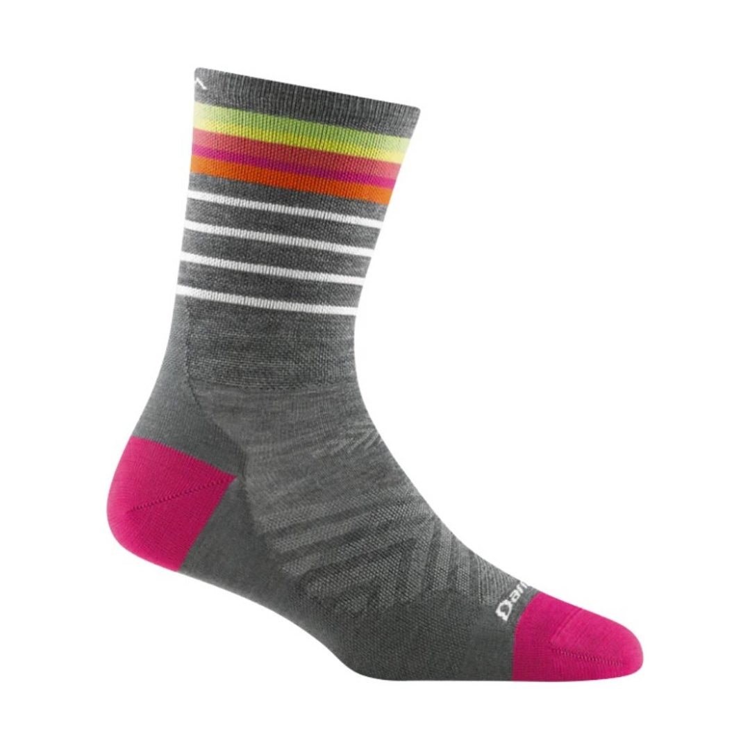 Gray crew sock with bright pink heel and toe, plus multicolor stripes near the cuff