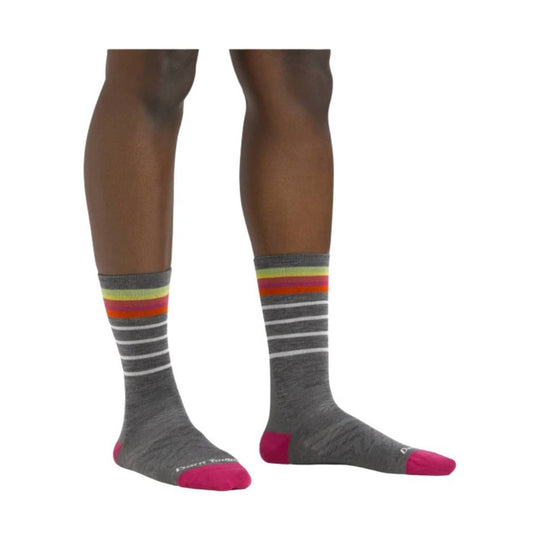 Gray knee-high running socks with pink toes and heels and multicolor stripe bands
