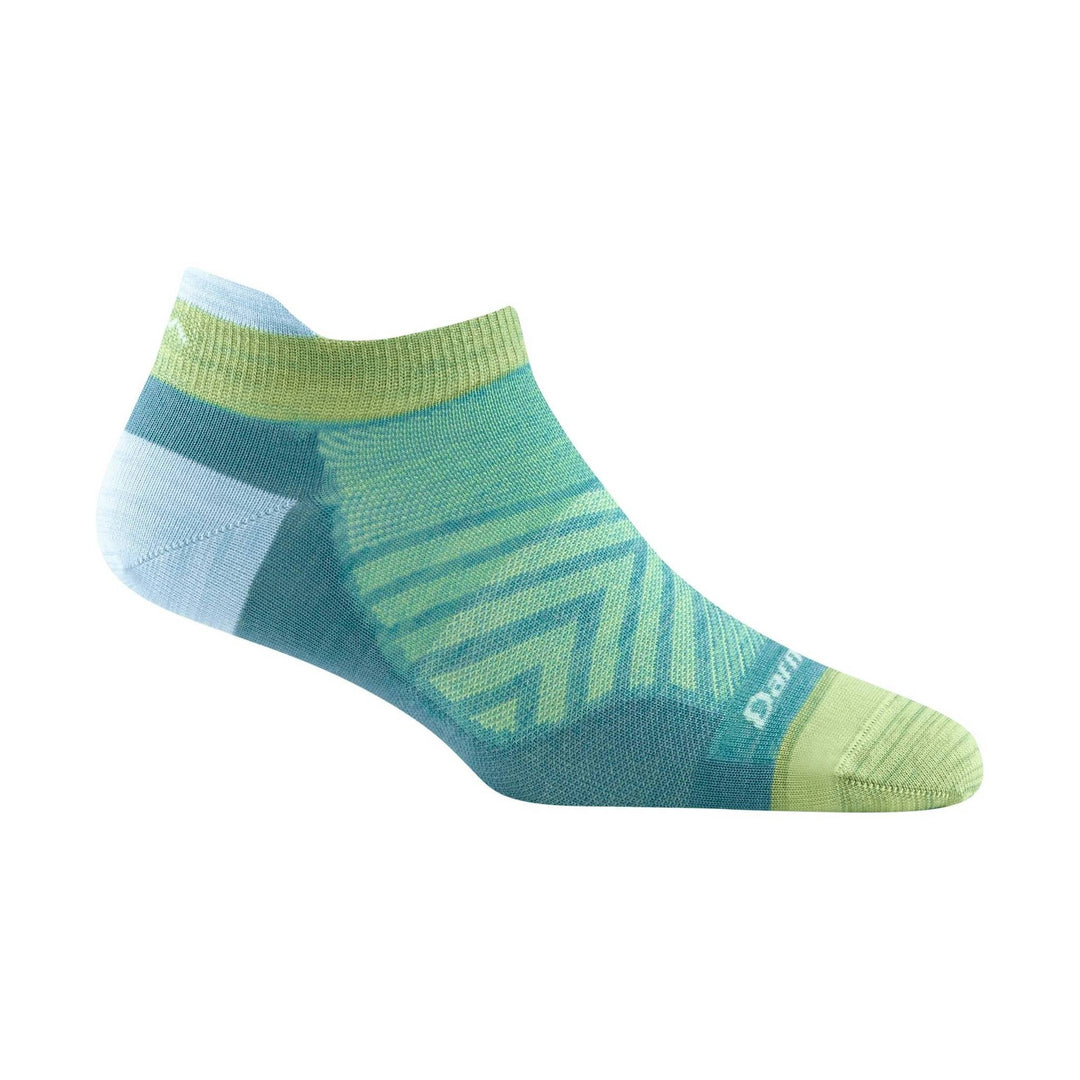Lightweight ankle running sock in teal, green, and blue with geometric pattern