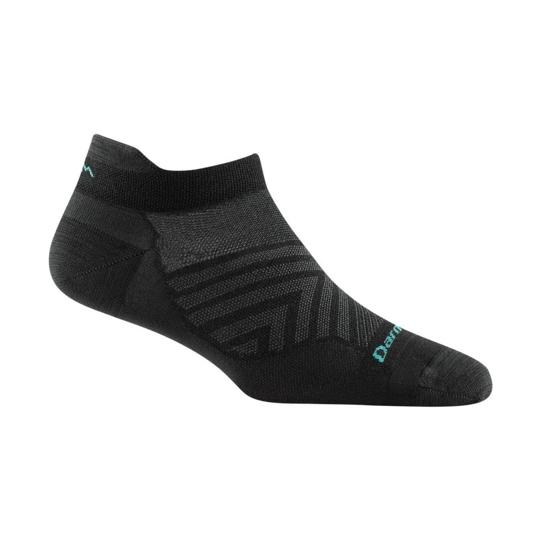 Black low-cut running sock with teal branding and a ribbed knit ankle cuff