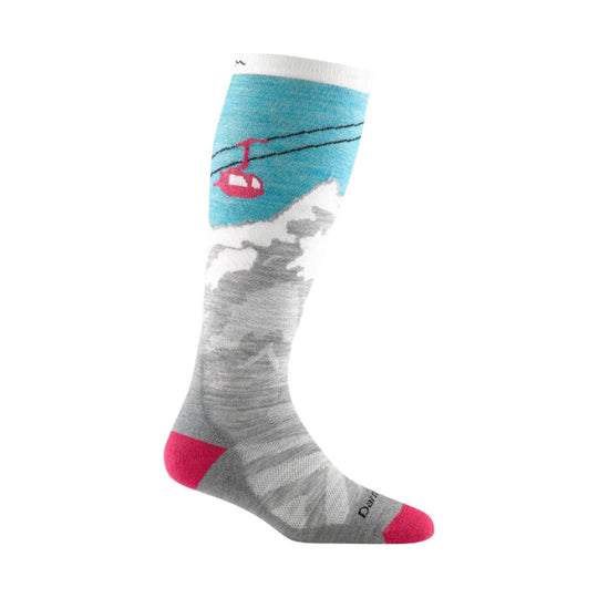 Knee-high ski sock with mountain and cable car pattern, gray foot, and pink toe and heel