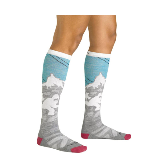 Over-the-calf ski socks with blue, gray, white, and pink mountain pattern