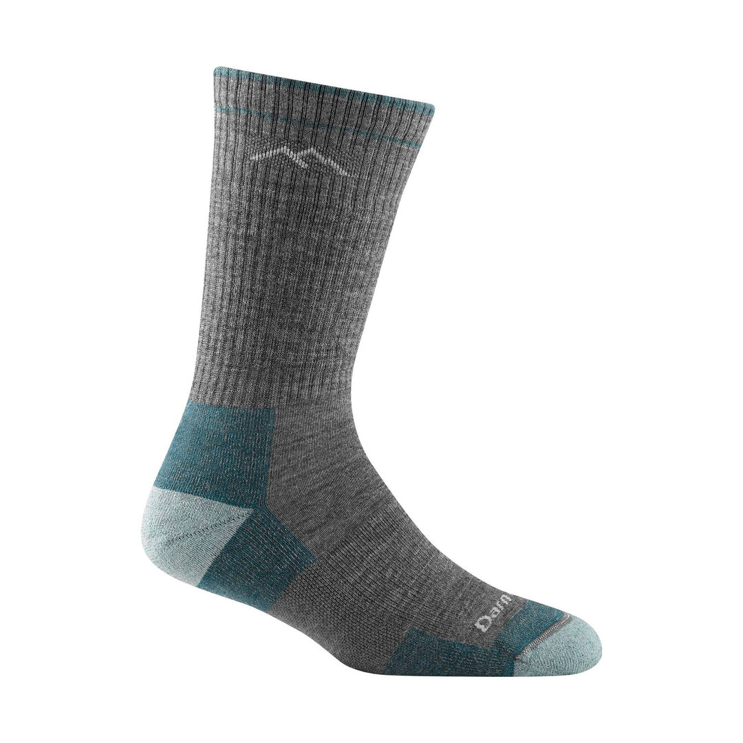 Gray midweight hiking sock with teal accents and a reinforced heel and toe