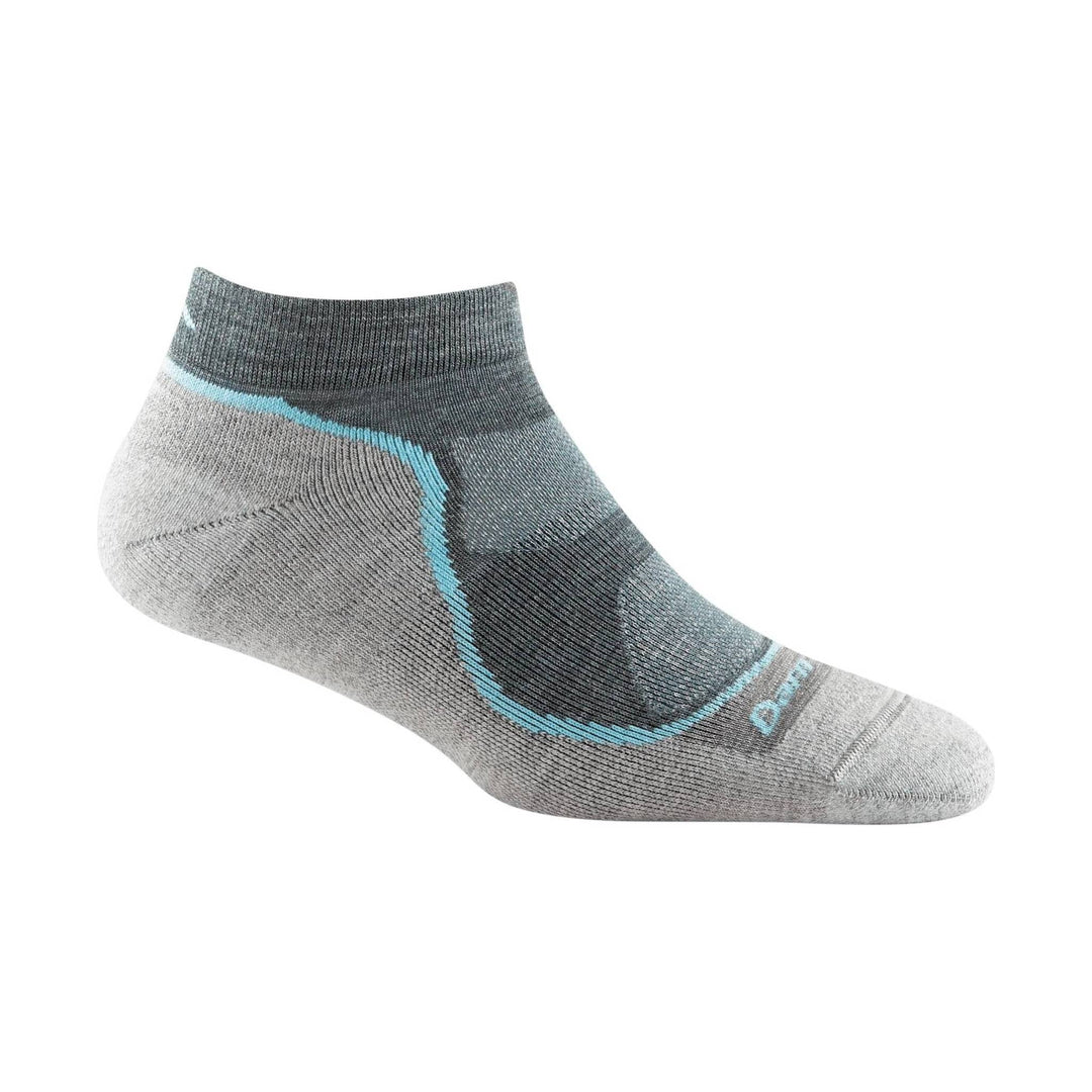 Low-cut gray athletic sock with turquoise trim and arch support pattern