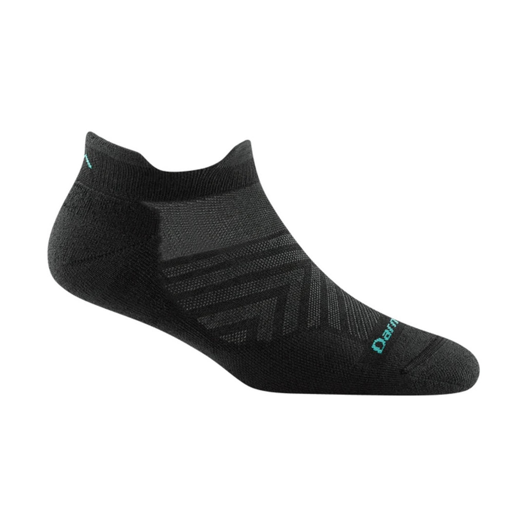 Black no-show athletic sock with a low-cut tab collar and teal logo text on the toe