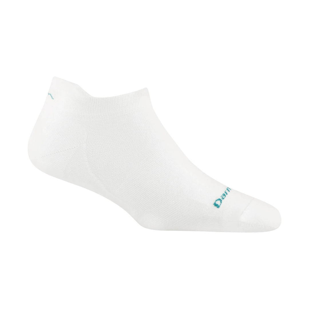 White no-show ankle sock with teal logo near the toe