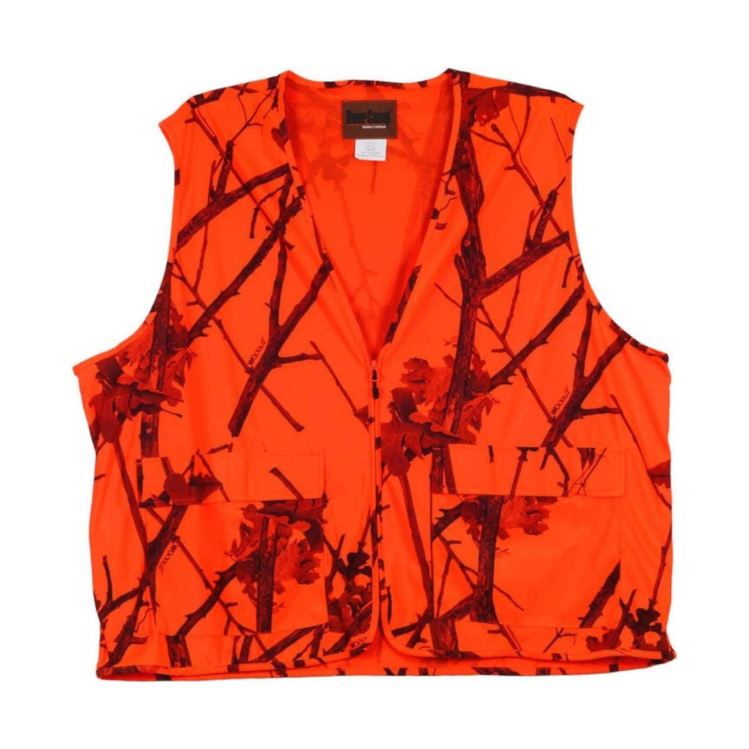 Bright orange camouflage vest with front zipper and large flap pockets