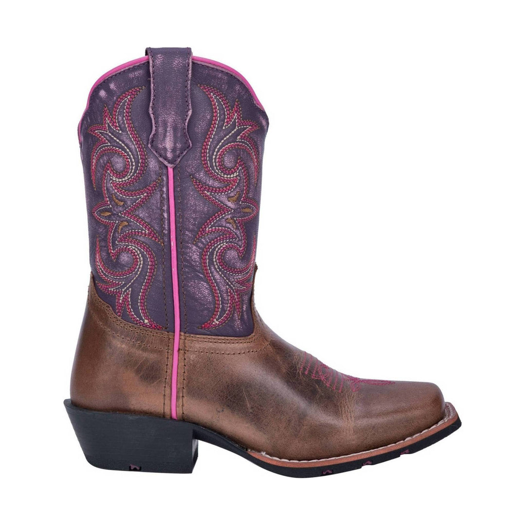 Brown and purple kids' cowboy boot with pink embroidery and a black heel