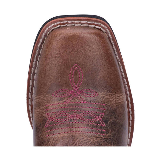 Brown leather boot toe with pink embroidered motif and white welt stitching