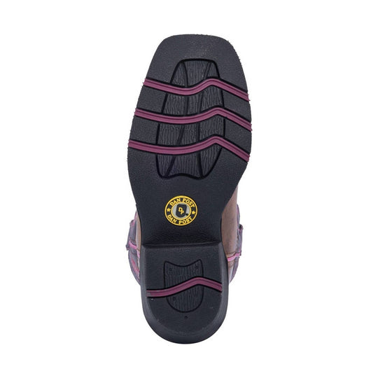 Black boot sole with pink wavy tread lines and a Dan Post logo