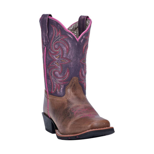 Purple and brown western boot with pink embroidery and pointed toe