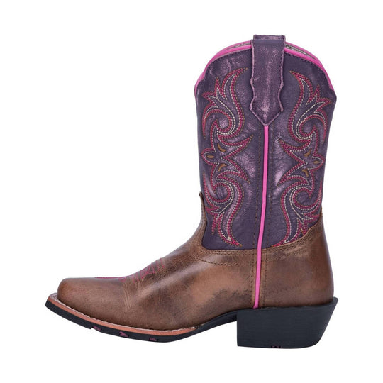 Brown and purple cowboy boot with pink embroidery and a black heel, side view