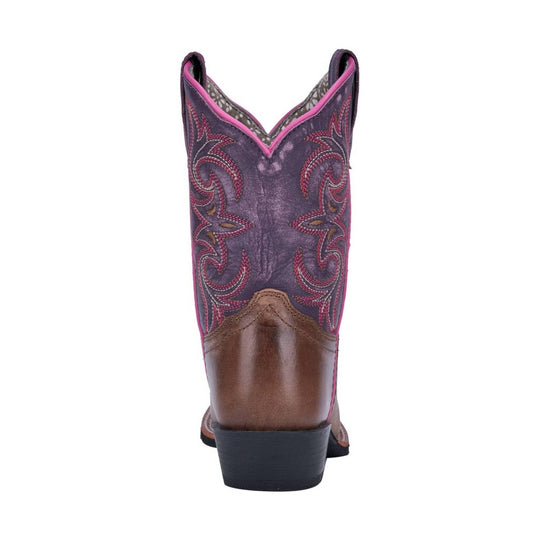 Purple and brown western boot shown from the back with pink trim and embroidered detailing