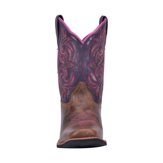 Purple and brown kids' western boot with pink embroidery and a pointed toe, front view