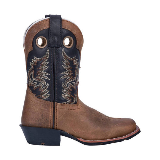 Brown and black cowboy boot with embroidered shaft and square toe, side view