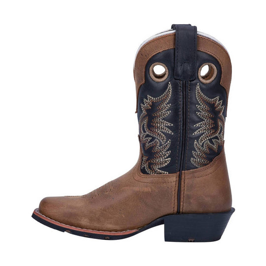 Brown and black kids' cowboy boot with western embroidery and pull tabs