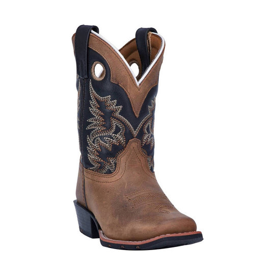 Brown and black western-style cowboy boot with embroidered shaft and pointed toe, shown in front view