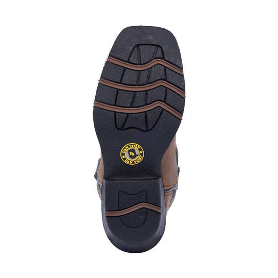 Kids' boot outsole with black tread, brown wavy inserts, and a Dan Post logo near the heel