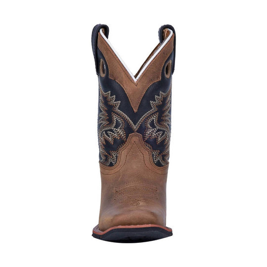 Brown and black western boot with embroidered shaft, pointed toe, and pull tabs