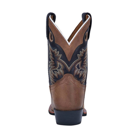 Tall brown and black cowboy boot with embroidered shaft, V-cut top, and black heel