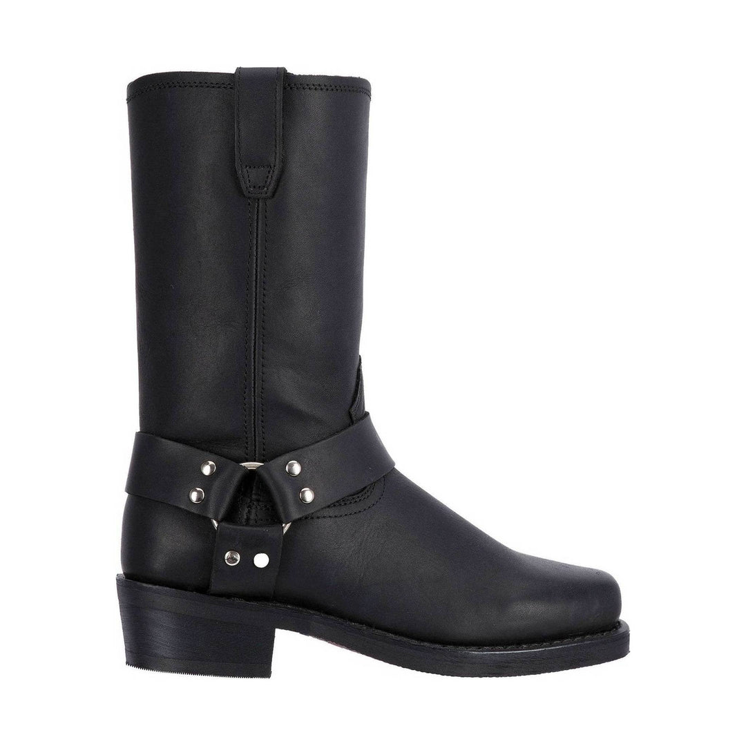 Black knee-high riding boot with a chunky heel, side straps, and silver studs