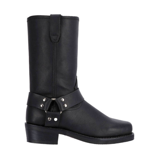 Black knee-high riding boot with a chunky heel, side straps, and silver studs