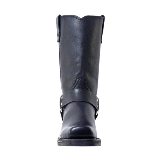 Black tall pull-on boot with a smooth shaft, rounded toe, and low treaded sole