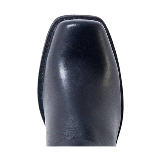 Black leather boot toe and vamp with a square toe and stitched trim, shown close up against a white background