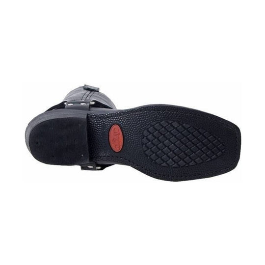 Black ankle boot shown from below, with textured sole, tread pattern, and a red oval logo on the outsole