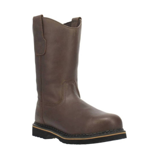 Brown pull-on work boot with a black lug sole and tan midsole trim