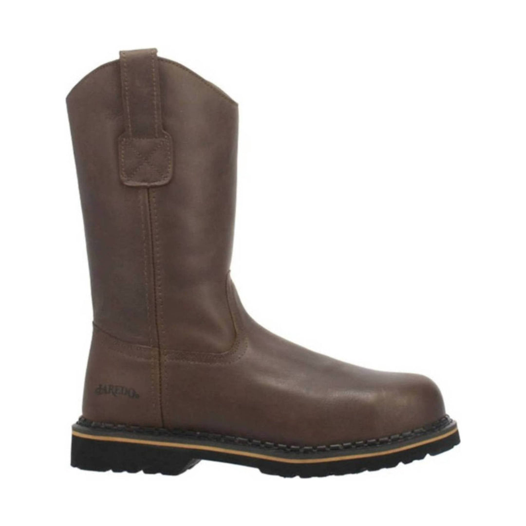 Brown pull-on work boot with a tall shaft and black lug sole