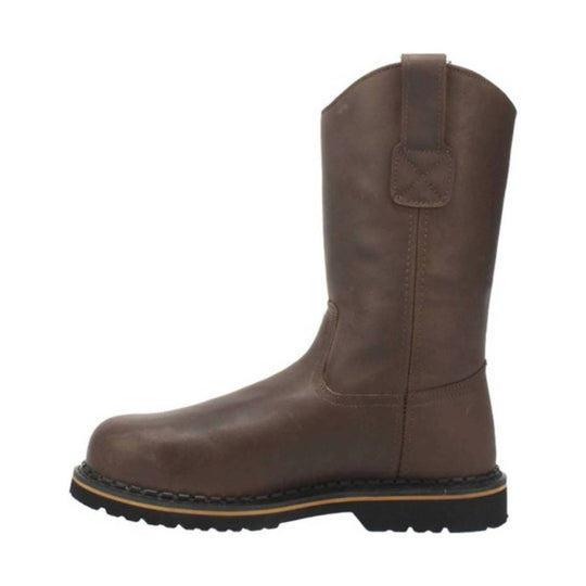 Brown pull-on work boot with a black treaded sole and stitched shaft