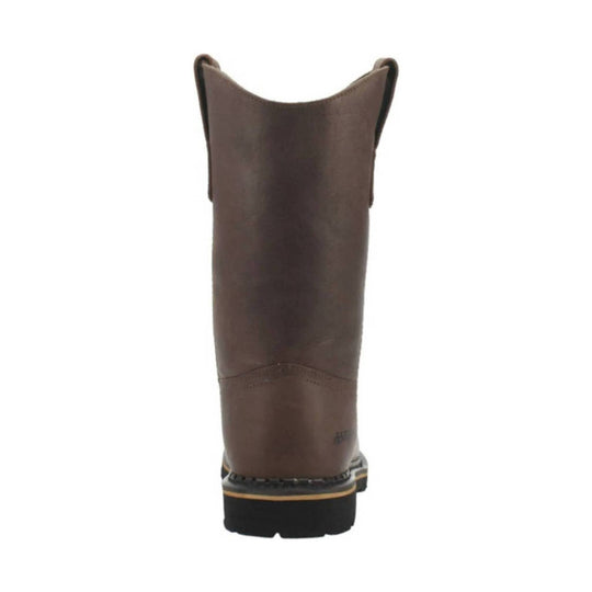 Brown pull-on cowboy boot shown from the back