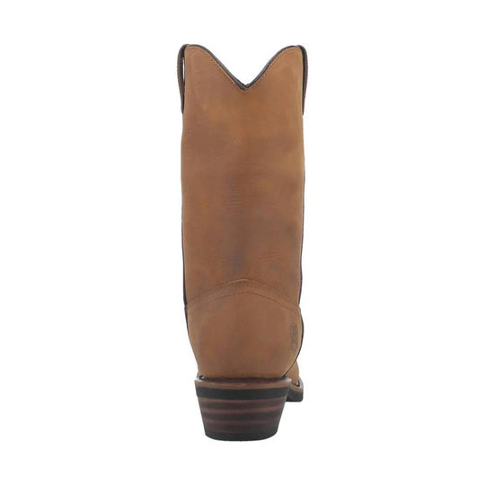 Brown leather pull-on cowboy boot shown from the back