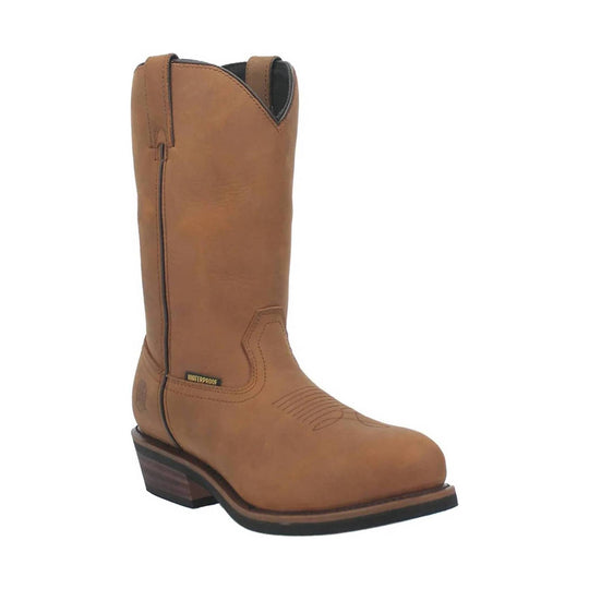 Brown tall leather Western boot with a pointed toe and low stacked heel