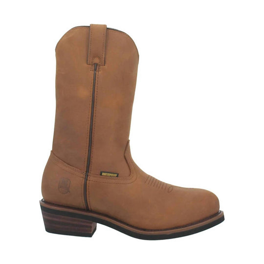 Brown pull-on western boot with zipper and low stacked heel
