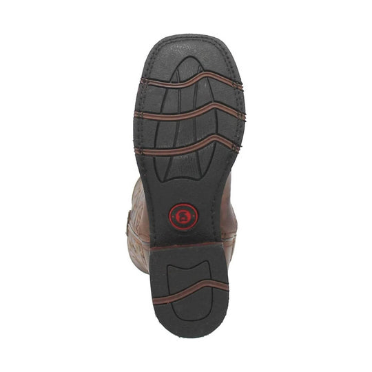 Black boot sole with brown wavy tread lines and a red circular logo near the heel.