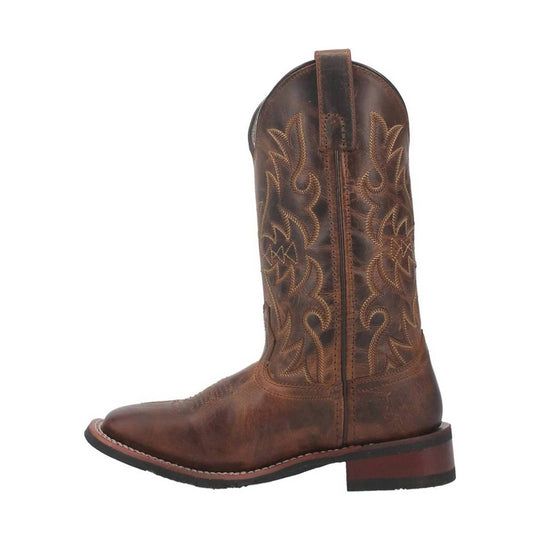 Brown leather western boot with pointed toe, embroidered shaft, and pull tab